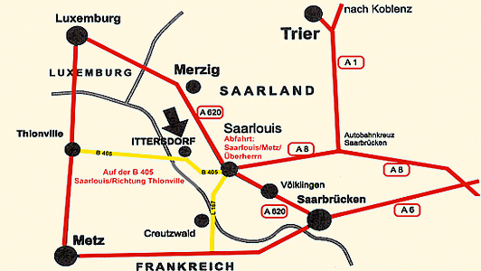 Anfahrtskizze Antiquitten Im-Zollhaus aus Richtung Luxemburg, Frankreich und Trier